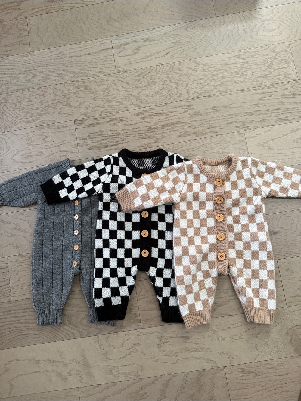 Set of 3 Knit One-Piece Rompers in Beige and White - Baby